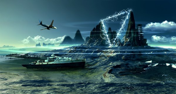 Anime picture 1200x644 with original kire1987 (artist) wide image sky cloud (clouds) mountain no people landscape fantasy science fiction animal bird (birds) aircraft watercraft airplane ship