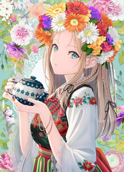 Anime picture 1292x1798 with original hyuuga azuri single long hair tall image looking at viewer fringe open mouth blue eyes blonde hair holding upper body braid (braids) nail polish traditional clothes hair flower fingernails wide sleeves floral print red nail polish