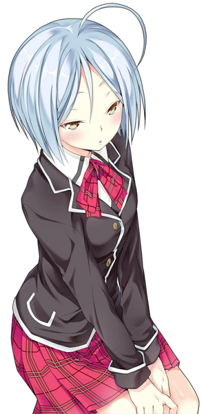 Anime picture 1470x2983 with trinity seven kannazuki arin single tall image looking at viewer blush fringe short hair hair between eyes sitting yellow eyes silver hair ahoge bent knee (knees) parted lips :o plaid skirt transparent background girl skirt