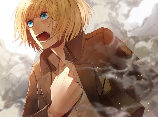 Anime picture 1200x888 with shingeki no kyojin production i.g armin arlert xxxxxymdy single blush fringe short hair open mouth blue eyes blonde hair looking away open clothes open jacket tears steam boy uniform jacket military uniform