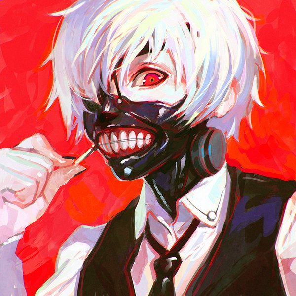 Anime picture 900x900 with tokyo ghoul studio pierrot kaneki ken ilya kuvshinov single looking at viewer fringe short hair simple background red eyes upper body white hair nail polish hair over one eye teeth red background black nail polish boy necktie mask