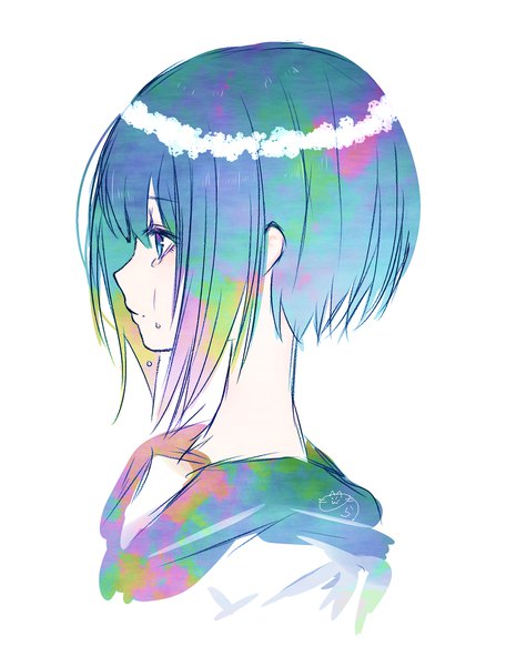 Anime picture 985x1295 with original nora (salatto) single tall image fringe short hair blue eyes simple background hair between eyes white background signed blue hair looking away profile multicolored hair tears portrait crying multicolored girl