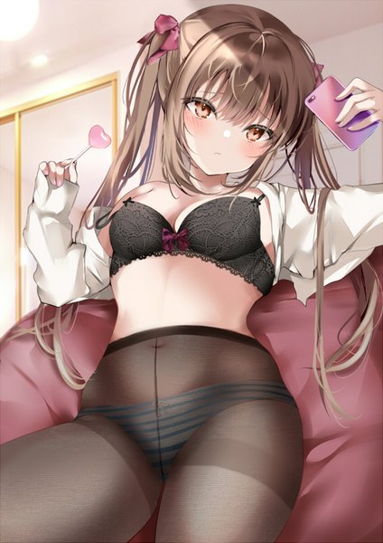 Anime-Bild 565x800 mit original pon (ponidrop) single long hair tall image blush fringe breasts light erotic brown hair large breasts twintails holding brown eyes payot looking away indoors long sleeves head tilt off shoulder