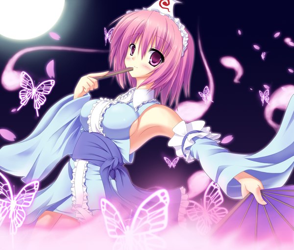 Anime picture 2000x1700 with touhou saigyouji yuyuko gokireddo single blush highres short hair pink hair pink eyes ghost girl detached sleeves frills headdress insect butterfly obi fan
