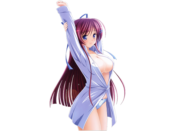 Anime picture 1600x1200 with dengeki hime tagme (artist) kishi nisen single long hair breasts blue eyes light erotic large breasts purple hair open clothes arms up open shirt transparent background girl hair ornament underwear panties ribbon (ribbons) hair ribbon