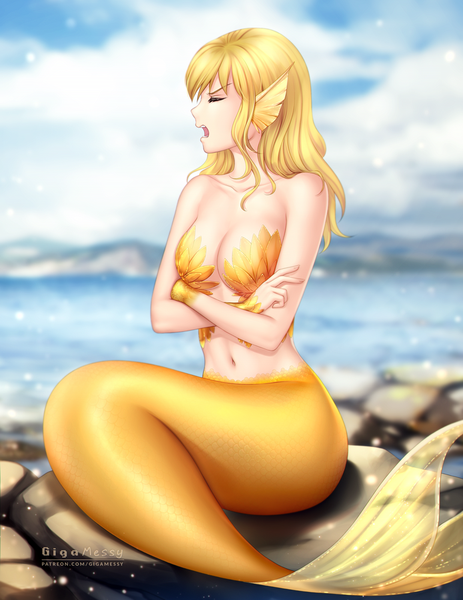 Anime picture 773x1000 with mermaid swamp rin yamazaki gigamessy single long hair tall image fringe breasts open mouth light erotic blonde hair sitting bare shoulders signed payot sky cloud (clouds) full body outdoors eyes closed