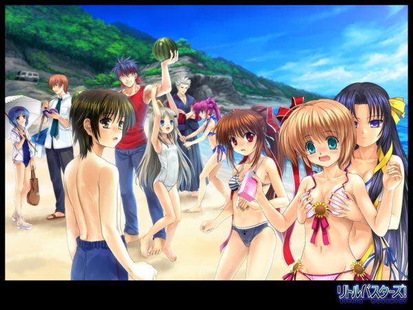 Anime picture 3000x2250 with little busters! key (studio) noumi kudryavka natsume rin kamikita komari kurugaya yuiko saigusa haruka nishizono mio naoe riki inohara masato miyazawa kengo mutsuki (moonknives) highres light erotic breast grab swimsuit bikini one-piece swimsuit school swimsuit natsume kyosuke