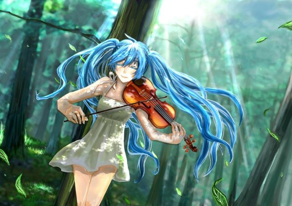 Anime picture 1052x744 with vocaloid hatsune miku smile twintails blue hair eyes closed very long hair girl dress plant (plants) tree (trees) leaf (leaves) sundress forest violin
