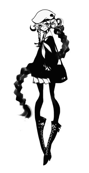 Anime picture 872x1678 with original kiku (kicdoc) single tall image looking at viewer black hair simple background white background braid (braids) very long hair pleated skirt black eyes monochrome girl skirt uniform hat miniskirt serafuku boots