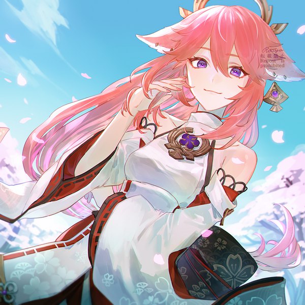 Anime picture 900x900 with genshin impact yae miko rowya single long hair looking at viewer fringe hair between eyes purple eyes animal ears pink hair traditional clothes japanese clothes from below fox ears miko girl detached sleeves earrings petals