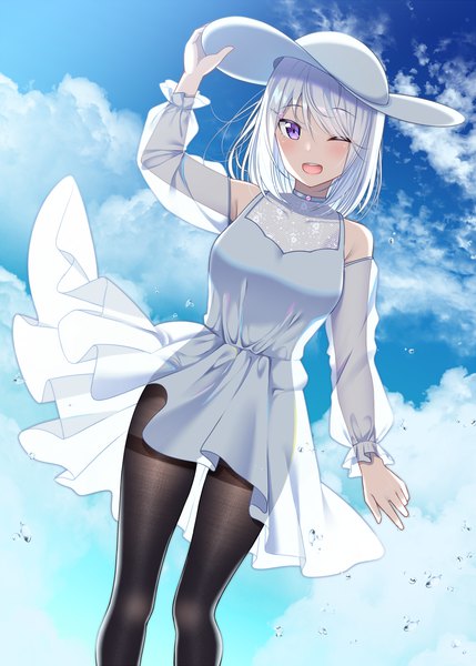 Anime picture 1300x1818 with original sumeragi hakua gurande (g-size) single long hair tall image looking at viewer blush fringe breasts open mouth smile standing purple eyes bare shoulders sky silver hair cloud (clouds) outdoors one eye closed