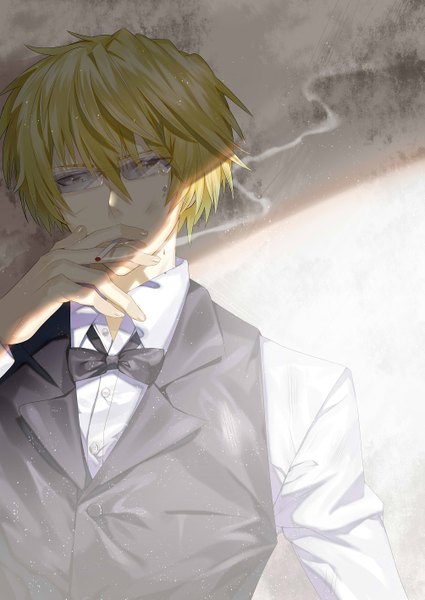 Anime picture 1003x1417 with durarara!! brains base (studio) heiwajima shizuo tsugumi (pixiv4979659) single tall image looking at viewer fringe short hair blonde hair hair between eyes holding yellow eyes upper body shadow smoke smoking boy shirt glasses