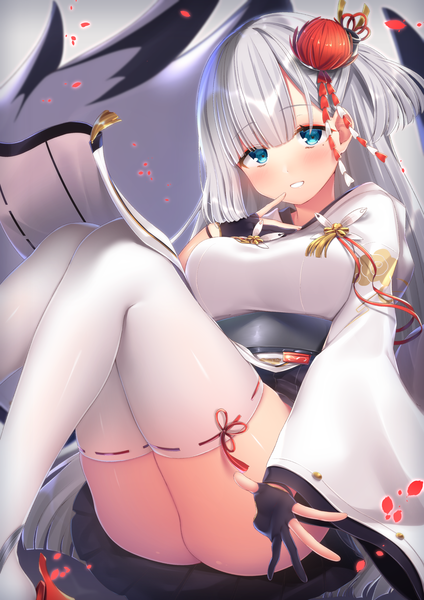 Anime picture 2000x2829 with azur lane shoukaku (azur lane) navy (navy.blue) single long hair tall image looking at viewer blush fringe highres light erotic silver hair blunt bangs parted lips aqua eyes outstretched hand girl thighhighs gloves hair ornament