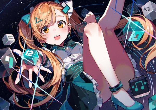 Anime picture 5787x4093 with virtual youtuber wondershare filmora irodori mora yaruwashi single long hair looking at viewer highres open mouth light erotic twintails absurdres :d orange hair bare legs teeth orange eyes outstretched hand convenient leg girl