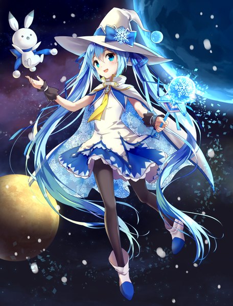 Anime picture 1140x1500 with vocaloid suki! yuki! maji magic (vocaloid) hatsune miku yuki miku yuki miku (2014) drogoth single tall image blush open mouth blue eyes twintails animal ears blue hair very long hair bunny ears girl dress pantyhose planet