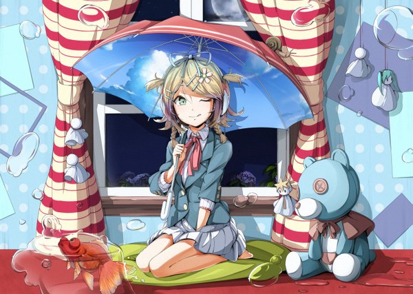 Anime picture 1403x1000 with vocaloid kagamine rin himesuzu (artist) single short hair blonde hair smile sitting indoors braid (braids) one eye closed barefoot aqua eyes wink twin braids alternate hairstyle :p sky print girl skirt