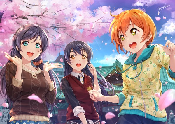 Anime picture 2039x1450 with love live! school idol project sunrise (studio) love live! toujou nozomi sonoda umi hoshizora rin shamakho long hair looking at viewer blush fringe highres short hair breasts open mouth smile hair between eyes standing twintails multiple girls