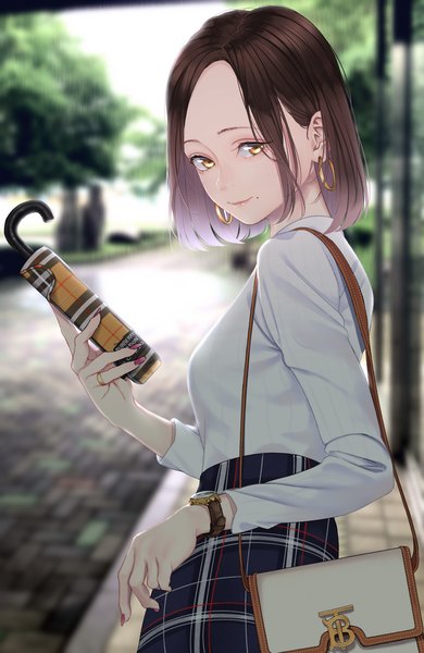 Anime picture 1537x2364 with original saitou (lynx-shrike) single tall image looking at viewer short hair breasts brown hair standing holding yellow eyes outdoors long sleeves nail polish fingernails light smile blurry mole depth of field gradient hair