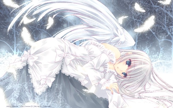 Anime picture 1920x1200 with original hayase akira single long hair fringe highres bare shoulders silver hair lying aqua eyes grey hair angel wings white wings girl dress bow wings frills white dress feather (feathers)