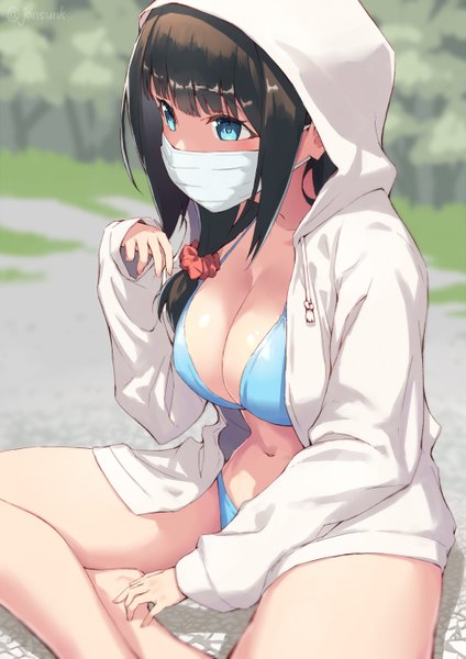 Anime picture 1000x1414 with gridman universe ssss.gridman studio trigger hassu jonsun single long hair tall image fringe breasts blue eyes light erotic black hair large breasts sitting signed payot looking away cleavage outdoors