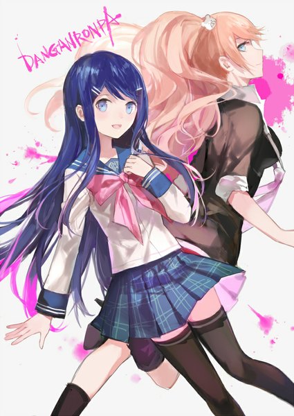 Anime picture 709x1000 with dangan ronpa enoshima junko maizono sayaka cotta long hair tall image looking at viewer blush blue eyes blonde hair smile twintails multiple girls blue hair looking back copyright name turning head hand on chest girl thighhighs