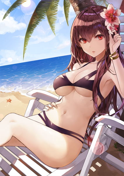 Anime picture 800x1132 with fate (series) fate/grand order scathach (fate) (all) scathach (fate) kim eb single long hair tall image looking at viewer fringe breasts light erotic hair between eyes red eyes brown hair large breasts sitting sky cleavage cloud (clouds)