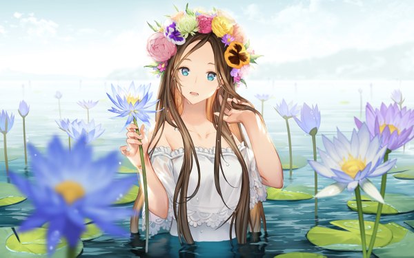 Anime picture 2600x1629 with original mt (ringofive) single long hair looking at viewer highres open mouth blue eyes brown hair bare shoulders holding sky cloud (clouds) outdoors partially submerged adjusting hair girl dress flower (flowers) water
