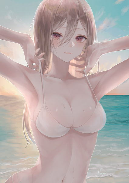 Anime picture 2508x3544 with original nyaon oekaki single long hair tall image looking at viewer blush fringe highres breasts light erotic hair between eyes red eyes brown hair large breasts standing signed sky cloud (clouds) upper body