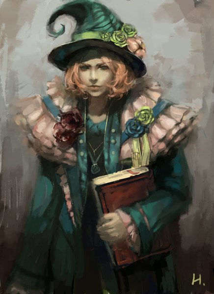 Anime picture 1600x2200 with hkun konnan single tall image short hair green eyes pink hair realistic boy flower (flowers) pendant book (books) witch hat