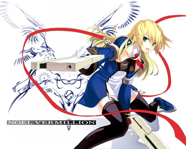 Anime picture 1250x1000 with blazblue noel vermillion blonde hair white background green eyes girl thighhighs ribbon (ribbons) weapon gun