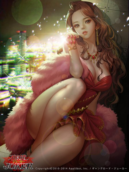 Anime picture 1500x2000 with joker ~gang road~ takeuchi sagiri soo kyung oh single long hair tall image looking at viewer breasts light erotic brown hair large breasts sitting bare shoulders brown eyes cleavage bent knee (knees) parted lips head tilt lips realistic