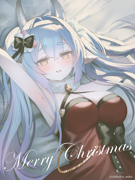 Anime picture 864x1152 with granblue fantasy catura (granblue fantasy) narusegawa riko single long hair tall image blush fringe breasts light erotic hair between eyes large breasts signed yellow eyes blue hair upper body horn (horns) armpit (armpits) twitter username christmas