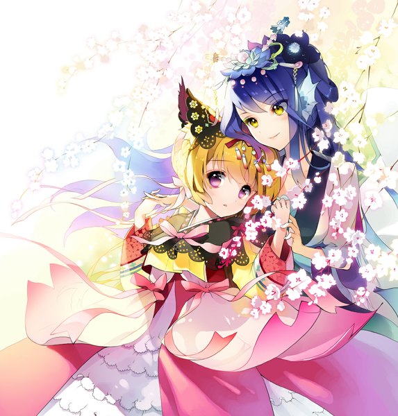 Anime picture 1068x1119 with original cherrypin long hair tall image short hair blonde hair multiple girls yellow eyes blue hair pink eyes hair flower cherry blossoms girl hair ornament bow ribbon (ribbons) 2 girls branch