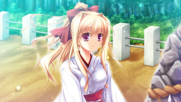 Anime picture 1024x576 with fortuna rhapsody long hair blonde hair wide image game cg traditional clothes pink eyes miko girl bow hair bow