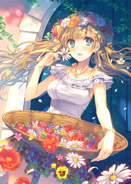 Anime picture 712x999 with original reia single long hair tall image looking at viewer blush open mouth blue eyes blonde hair twintails girl dress flower (flowers) petals