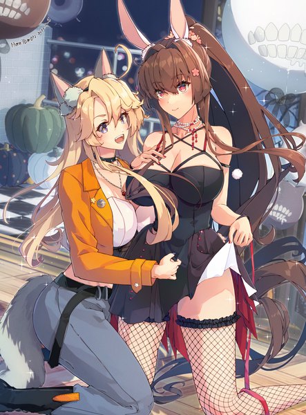 Anime picture 1328x1800 with kantai collection yamato super battleship iowa (kantai collection) himeyamato long hair tall image looking at viewer breasts open mouth blue eyes light erotic blonde hair smile red eyes brown hair large breasts multiple girls animal ears ponytail tail