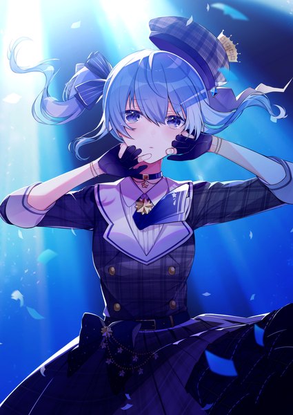 Anime picture 2507x3541 with virtual youtuber hololive hoshimachi suisei hoshimachi suisei (1st costume) uehara (dormmmmir ) single long hair tall image looking at viewer fringe highres blue eyes hair between eyes blue hair side ponytail girl dress gloves choker beret