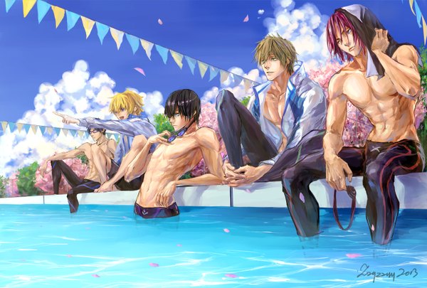 Anime picture 1388x938 with free! kyoto animation matsuoka rin nanase haruka (free!) tachibana makoto hazuki nagisa ryugazaki rei zzyzzyy short hair open mouth blue eyes black hair blonde hair red eyes brown hair sitting green eyes sky purple hair cloud (clouds)