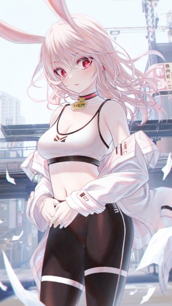 Anime picture 2880x5120 with tsumi no hahen (debris) lirin (bae.c) bae.c single long hair tall image looking at viewer blush fringe highres breasts light erotic smile hair between eyes red eyes standing bare shoulders animal ears pink hair cleavage