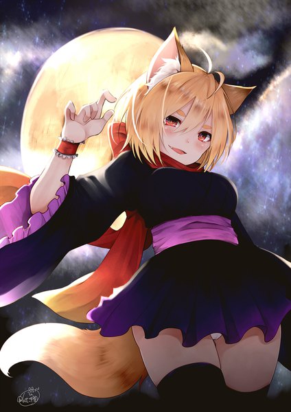 Anime picture 1415x2000 with original chita (ketchup) single tall image looking at viewer blush fringe short hair breasts open mouth light erotic blonde hair hair between eyes red eyes signed animal ears ahoge tail traditional clothes head tilt