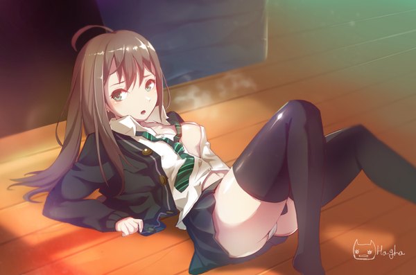 Anime picture 1500x994 with idolmaster idolmaster cinderella girls shibuya rin ha-gha single long hair looking at viewer blush fringe breasts open mouth light erotic hair between eyes brown hair green eyes bent knee (knees) pleated skirt open clothes open shirt reclining