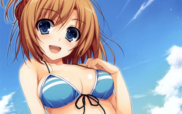 Anime picture 1680x1050 with original tomose shunsaku single looking at viewer blush short hair breasts open mouth blue eyes light erotic brown hair sky cloud (clouds) hand on chest girl swimsuit