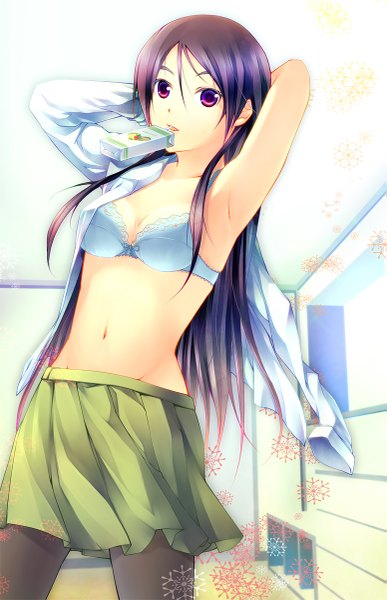 Anime picture 775x1200 with original yoshino ryou single long hair tall image looking at viewer light erotic red eyes purple hair indoors open clothes open shirt girl skirt navel shirt lingerie bra snowflake (snowflakes) blue bra