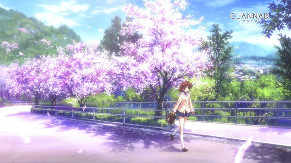 Anime picture 1920x1080 with clannad key (studio) furukawa nagisa single highres short hair brown hair wide image brown eyes looking away sky full body outdoors inscription copyright name cherry blossoms walking girl uniform plant (plants)