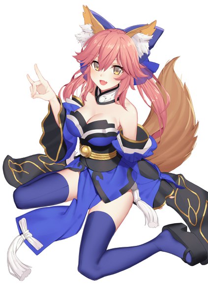 Anime picture 1748x2480 with fate (series) fate/grand order fate/extra fate/extra ccc tamamo (fate) (all) tamamo no mae (fate) icarus (632247131) single long hair tall image looking at viewer fringe highres breasts open mouth light erotic simple background smile hair between eyes large breasts