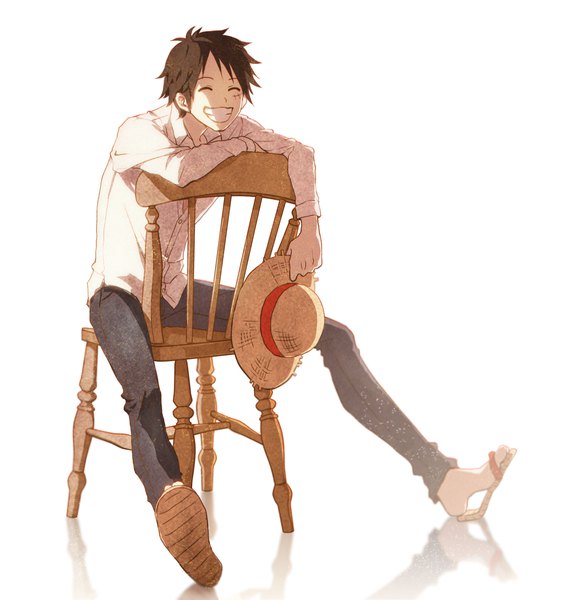 Anime picture 1446x1531 with one piece toei animation monkey d. luffy kieshi heta single tall image short hair black hair simple background smile white background sitting full body eyes closed grin happy reflection scar shaded face ^ ^