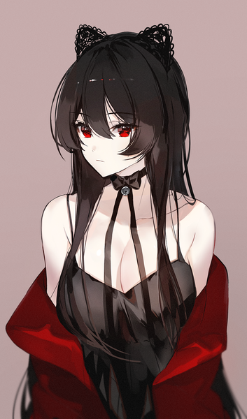 Anime picture 980x1668 with original naru (ul) single long hair tall image looking at viewer fringe breasts black hair simple background hair between eyes red eyes large breasts bare shoulders animal ears cleavage upper body off shoulder fake animal ears brown background