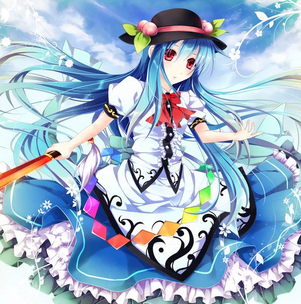 Anime picture 1500x1517 with touhou hinanawi tenshi mochizuki shiina single long hair tall image red eyes blue hair girl dress weapon hat sword frills bowtie katana peach hisou no tsurugi