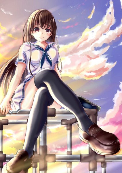 Anime picture 1000x1414 with original moe2013 xyomouse single long hair tall image red eyes brown hair sky cloud (clouds) crossed legs girl thighhighs skirt black thighhighs miniskirt serafuku