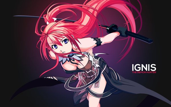 Anime picture 1920x1200 with jingai makyou nitroplus ignis nishii (nitroplus) assassinwarrior single long hair looking at viewer highres breasts light erotic purple eyes red hair wallpaper character names one side up vector girl dress weapon